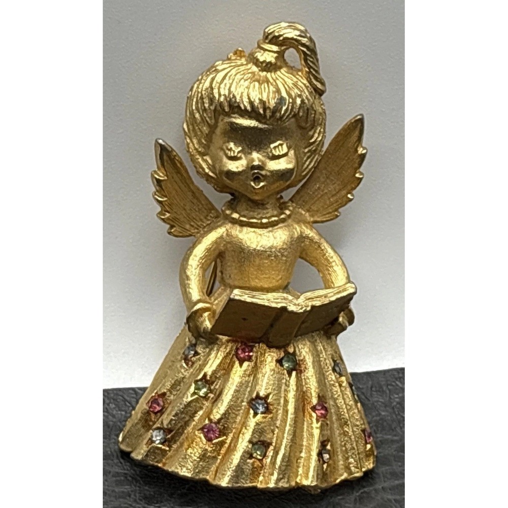 Vintage Mylu Gold Tone Angel Wings Hymn Book Brooch Pin Crystal Rhinestones